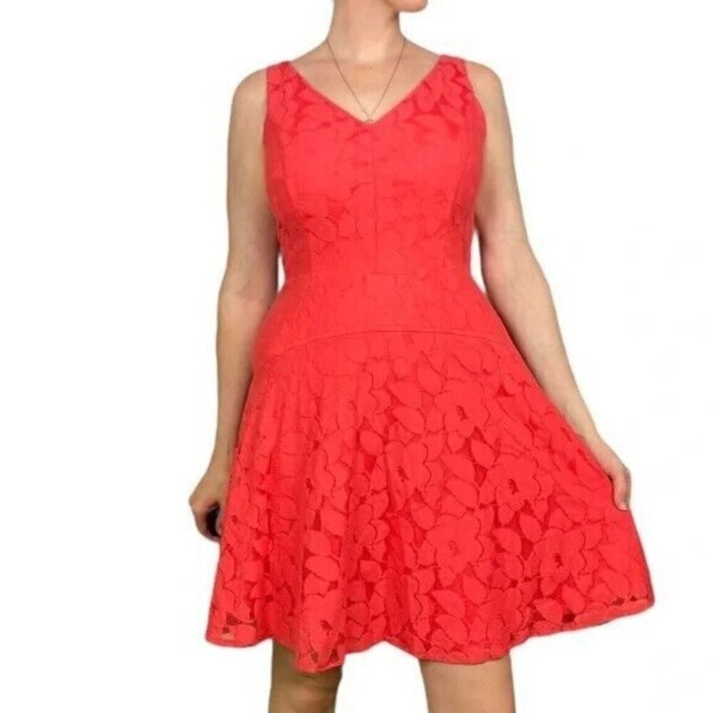 Maggy London Bright Red Lace Sleeveless Midi Flare Tea Dress Sz 8